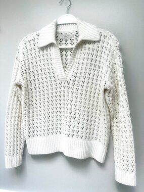 Comfy V Neck Crochet Pullover Sweater Cream Loft Size XS